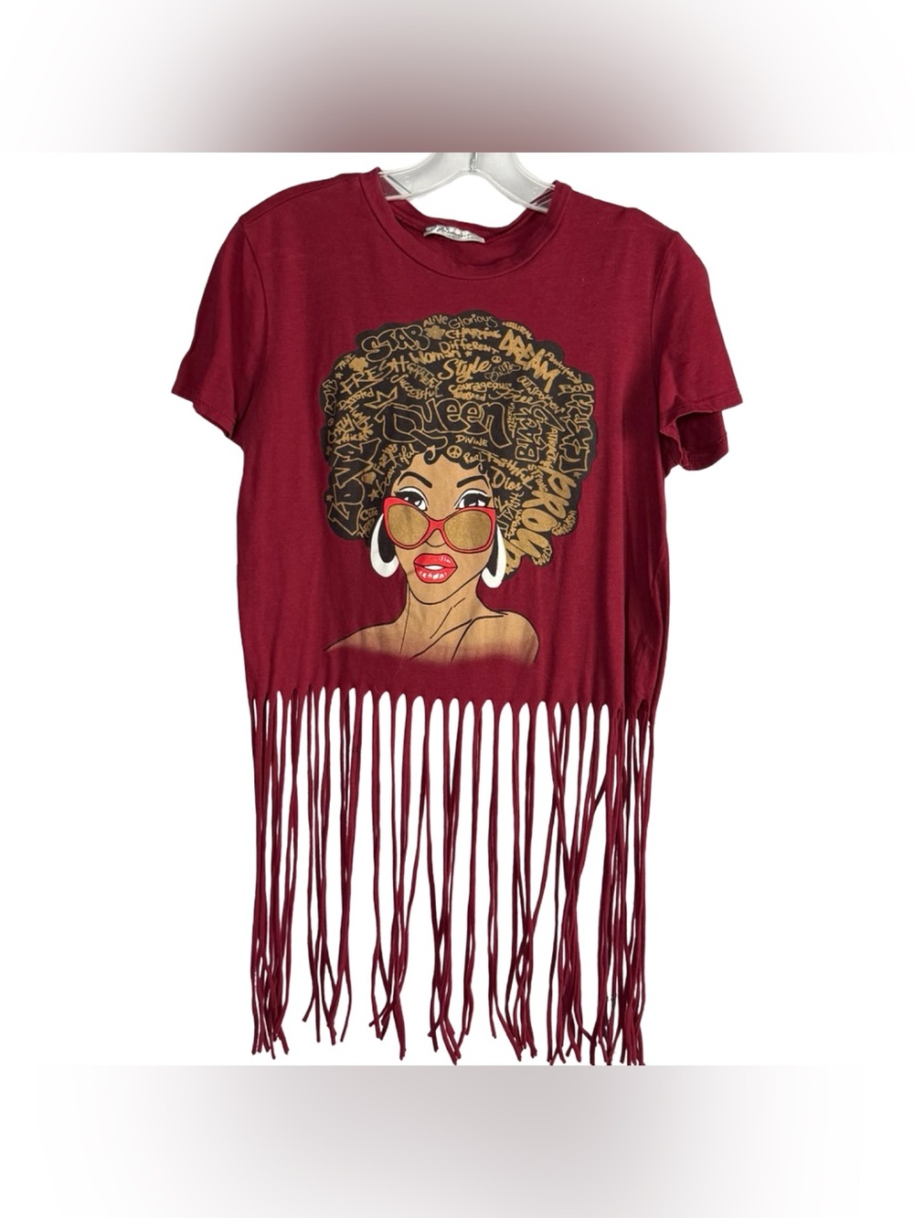 Jasmine Black Queen Afro Graphic Fringe T-Shirt Burgundy Maroon Size Large